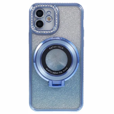 For iPhone 12 TPU Case Gradient Rhinestone Ornament Back Phone Cover with Kickstand - Blå