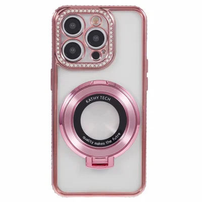 For iPhone 14 Pro Max Rhinestones Decor Ring Kickstand TPU Phone Cover - Rose Gold