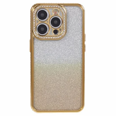 For iPhone 15 Pro Max Slim Case Rhinestones Decorated Gradient TPU Phone Cover - Gold