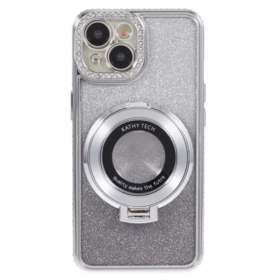 For iPhone 13 Kickstand Case Rhinestone Decor Gradient TPU Phone Cover - Silver