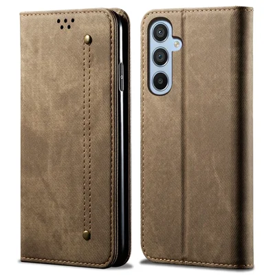 For Samsung Galaxy M15 5G / F15 5G Case Jeans Cloth Texture Leather Wallet Phone Cover - Khaki