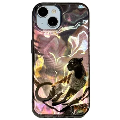 For iPhone 15 Case Pattern Laser Effect PC+TPU Shockproof Phone Cover - Pink Eyed Black Panther