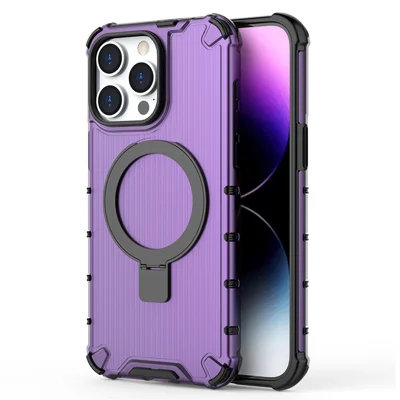 For iPhone 14 Pro PC+TPU Case Stripe Design Kickstand Magnetic Phone Cover - Purple