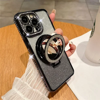 Phone Case for iPhone 12 Pro Max Magnetic TPU Phone Cover with PC Kickstand+Acrylic Mirror - Black