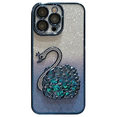 For iPhone 15 Pro Max Cover TPU Cell Phone Shell with Glass Lens Film Rhinestone Quicksand Swan Design - Blue
