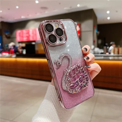For iPhone 15 Pro Max Cover TPU Cell Phone Shell with Glass Lens Film Rhinestone Quicksand Swan Design - Pink