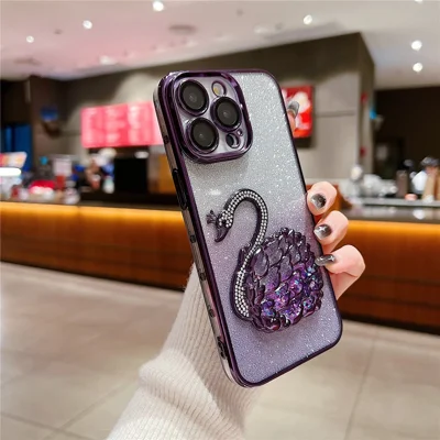 For iPhone 14 Pro Max Case Glitter Quicksand Swan Built-in Glass Lens Film TPU Phone Cover - Purple
