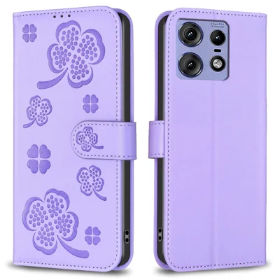 For Motorola Edge 50 Pro 5G Case Lucky Clover Leather Flip Phone Cover Mobile Accessories   - Purple