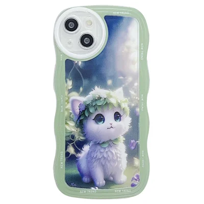 For iPhone 15 Case Curly Wave Frame Pattern Printed TPU Phone Cover - Cat