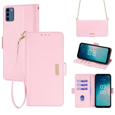 For Nokia C300 Case RFID Blocking Flip Leather Handbag Phone Cover with Shoulder Chain - Pink