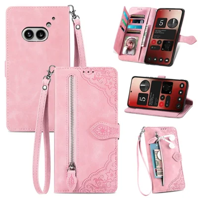 For Nothing Phone (2a) Plus / Phone (2a) Zipper Wallet Case with Strap Flower Imprint PU Leather Phone Cover - Pink