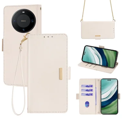 For Huawei Mate 60 Pro / Mate 60 Pro+ Case with Shoulder Strap RFID Blocking Leather Phone Cover - White