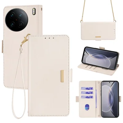 For vivo X90 Pro 5G Cover TPU+PU Leather Phone Shell Wallet Phone Case with Shoulder Strap - White