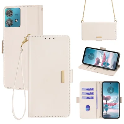 For Motorola Edge 40 Neo 5G Wallet Case RFID Blocking PU Leather Phone Cover with Straps - White