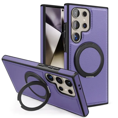 For Samsung Galaxy S24 Ultra Case with Ring Kickstand Magnetic Case PU Leather Back Cover - Purple