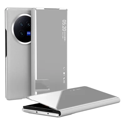 Voor vivo X Fold3 Leren Hoesje met Spiegeloppervlak Elektrolytisch Bedekt Hoesje met Kijkvenster - Zilver