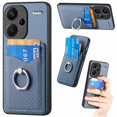 For Xiaomi Redmi Note 13 Pro+ 5G Kickstand Case Carbon Fiber PU Card Slots Phone Cover - Blue