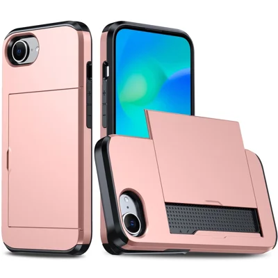Obudowa na iPhone'a 16e, pokrowiec TPU + PC z podwójnej warstwy z funkcją ekranu przesuwanego wraz z miejscem na karty - różowe złoto