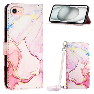 For Samsung Galaxy Z Fold6 5G Leather Case with Shoulder Strap Marble Pattern Phone Stand Cover - Rose Gold LS005