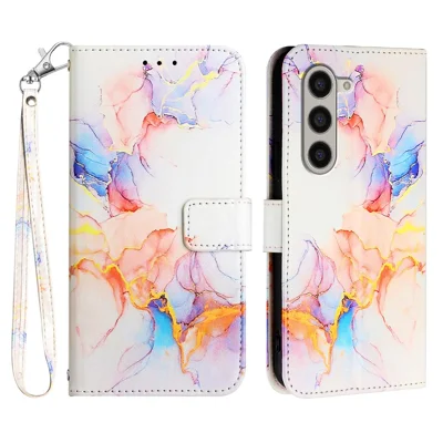 For Samsung Galaxy Z Fold6 5G Case with Strap Marble Pattern Leather Phone Cover Card Holder - Milky Way Marble White LS004
