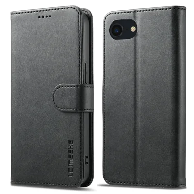 LC.IMEEKE For iPhone 17e / 16e Case Calf Texture Magnetic Clasp Stand Phone Cover - Black