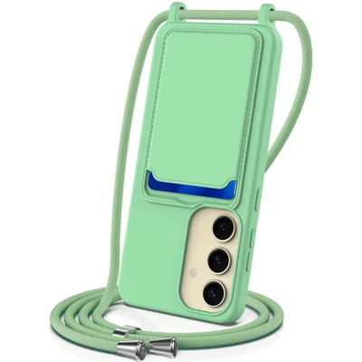 For Samsung Galaxy A55 5G Case Liquid Silicone Card Holder Back Phone Cover with Adjustable Lanyard - Green