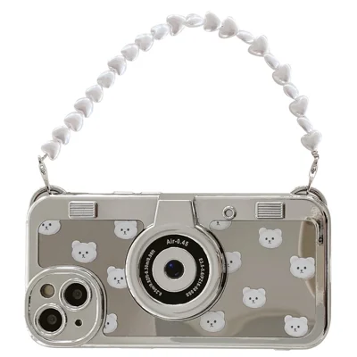 Camera Shaped TPU Cover for iPhone 14 Plus Mirror Surface Electroplating Phone Cases with Bead Strap - Bear