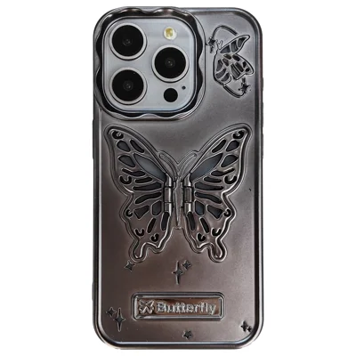 For iPhone 14 Pro Max Cases Butterfly Shaped PC Kickstand Cell Phone Shell Matte TPU Cover - Titanium Grey