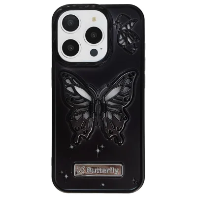 For iPhone 13 Pro TPU Cover Matte Butterfly Design PC Kickstand Cell Phone Shell - Black
