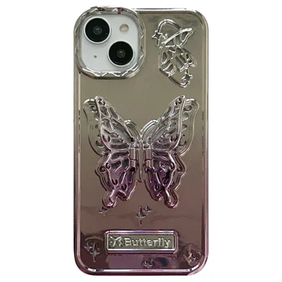 For iPhone 15 Gradient Color TPU Cover Electroplating Phone Cases with Butterfly Shaped Kickstand - Purple