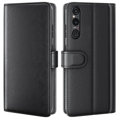 Fodral för Sony Xperia 1 VI, äkta splittrutet läder med plånbok och ställfunktion - Svart