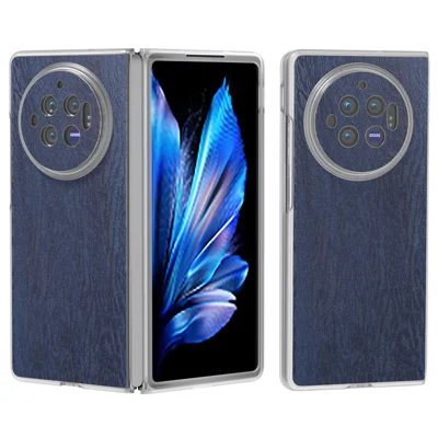 Voor vivo X Fold3 hoesje houtnerf lederen+PC matte transparante rand antislip telefoonhoesje - Blauw