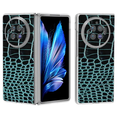Voor vivo X Fold3 hoesje Echt koeienleer+PC Krokostructuur telefoonhoesje met anti-slip grip - Middernachtgroen