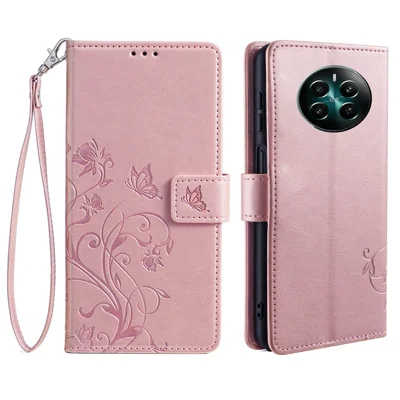 For Realme 12 4G / 12+ 5G Case Butterfly Flower Leather Magnetic Closure Phone Cover   - Rose Gold