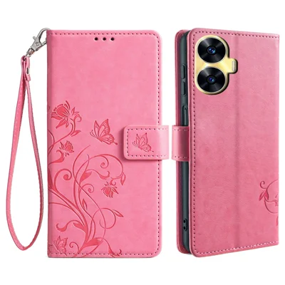 For Realme C55   Phone Shell Butterfly Flower Stand Cover Leather Phone Case - Pink