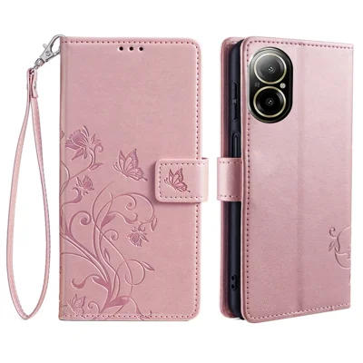 For Realme C67 4G Cover PU Leather Cell Phone Shell Butterfly Flower Stand - Rose Gold