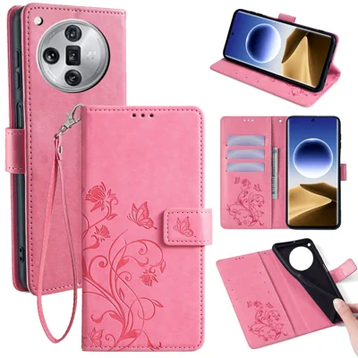 For Oppo Find X7 Ultra Case Butterfly Flower Pattern Phone Leather Cover with Wallet Stand - Pink