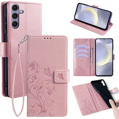 For Samsung Galaxy S24 Case PU Leather Wallet Cover Butterfly Flower Imprinted Shockproof Phone Shell - Rose Gold