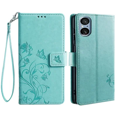 For Sony Xperia 5 V Mobile Phone Case   Butterfly Flower Folding Stand Leather Cover - Green