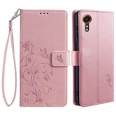For Samsung Galaxy Xcover7 Case PU Leather Flip Stand Phone Cover Butterfly Flower Design - Rose Gold