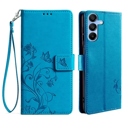 For Samsung Galaxy A15 4G / 5G Case Butterfly Flower Full Protection PU Leather Phone Cover - Blue