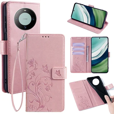 For Huawei Mate 60 Case Butterfly Flower PU Leather Stand Magnetic Protective Phone Cover with Strap - Rose Gold
