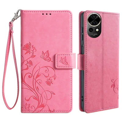 For Huawei nova 12 5G Case PU Leather Stand with Strap Butterfly Flower Wallet Cover - Pink