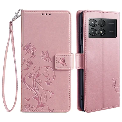 For Xiaomi Poco F6 Pro 5G / Redmi K70 5G / K70 Pro 5G Phone Case Butterfly Flower Imprinted Leather Anti-Fall Cover - Rose Gold