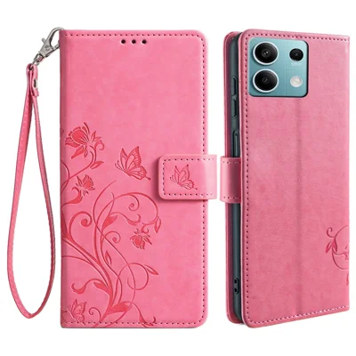 For Xiaomi Redmi Note 13 4G Anti-Scratch Phone Cover PU Leather Case Imprinted Butterfly Floral Stand Phone Shell - Pink