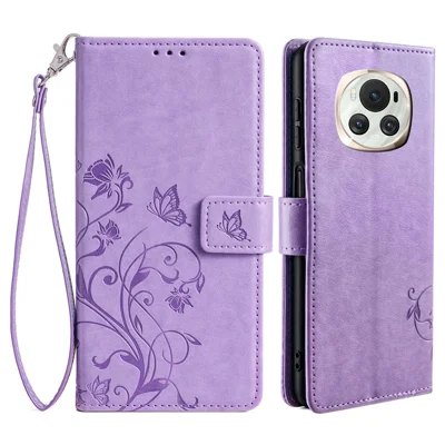 For Honor Magic6 5G Case PU Leather Butterfly Flower Phone Cover with Card Slots and Stand - Purple