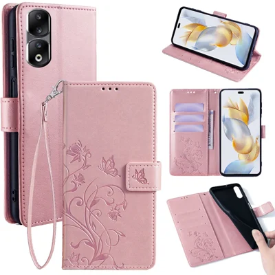 For Honor 90 Pro Case Wallet PU Leather Flip Phone Cover Cute Imprinted Butterfly Flower - Rose Gold