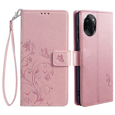 For Honor 100 Pro 5G Case Butterfly Flower PU Leather Magnetic Flip Stand Card Holders Phone Cover - Rose Gold