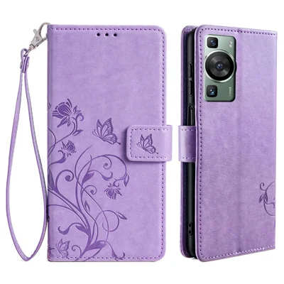 Fodral för Huawei P60 / P60 Pro Butterfly Flower PU-läder Ställbar Handlina Plånbok Telefonhölse - Lila