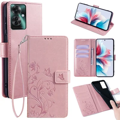 For Oppo Reno11 F 5G Case PU Leather Stand Function Butterfly Flower Pattern Phone Cover - Rose Gold